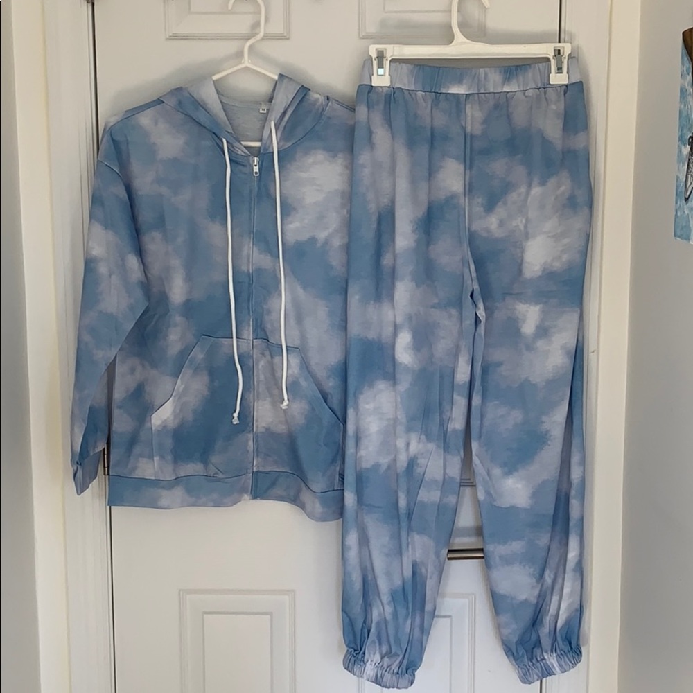 Blue Tie Dye Zip-Up Long Sleeve Two Piece Set